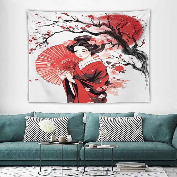 Japanese Red Geisha Tapestry Asian Cherry Blossom Traditional Kimono Folk Tapestries Home Decor for Living Room Bedroom Apartment Farmhouse Dorm 80"x60"-Ruum Studio Home