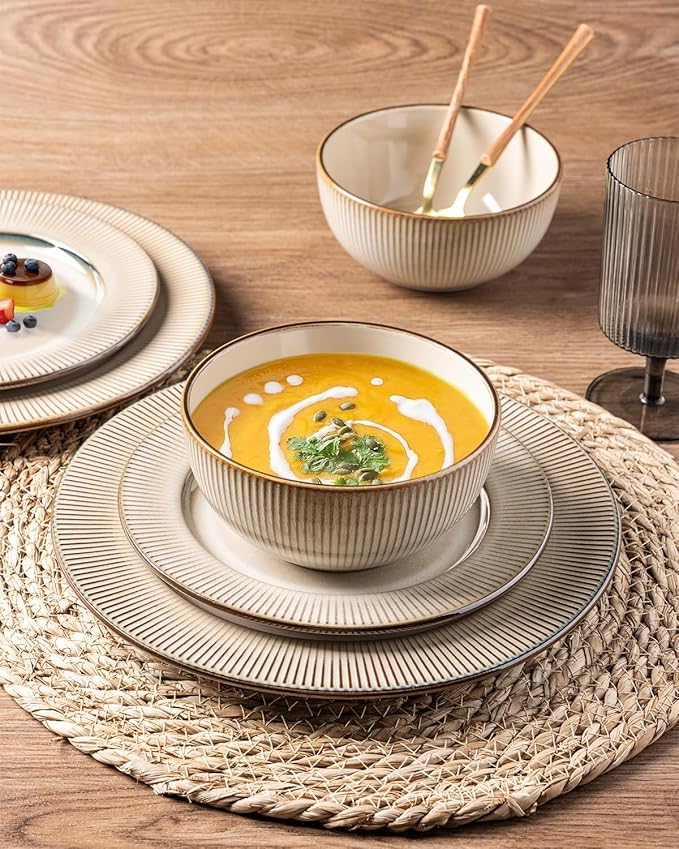 GBHOME Ceramic Dinnerware Sets,12 pcs Embossed Elegant Stoneware Plates and Bowls Sets, Housewarming Wedding Gift | Dishwasher & Microwave Safe | Dishes Set Service for 4-Ruum Studio Home