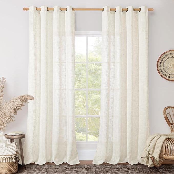 LAMIT Living Room Linen Curtains 90 Inch for Bedroom, Bronze Grommet Linen Textured Sheer Curtains Light Filtering Burlap Panels for Farmhouse, 2 Panels, 52 x 90 Inch, Cream-Ruum Studio Home
