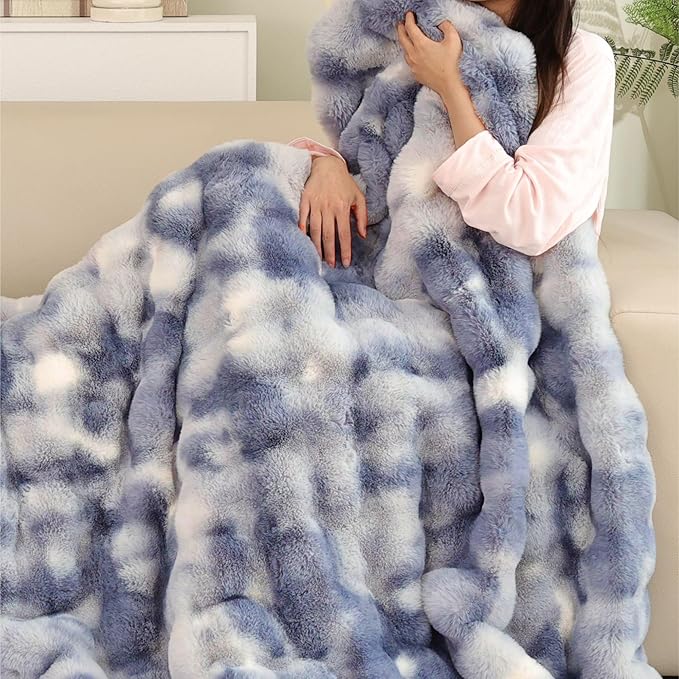 Tie-dye Blue Twin Cozy Faux Fur Blanket for Couch Bed Living Room 60x80 Furry Soft Fluffy Thick Warm Throw Blanket for Winter Home Gifts 860 GSM-Ruum Studio Home
