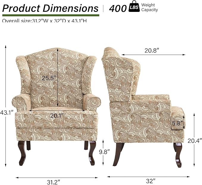 Accent Chair, High Back Upholstered Armchair with High Resilience Sponge & Wood Legs, Mid-Century Modern Comfy Single Sofa Reading Chairs for Living Room, Bedroom (Floral Sand, Set of 1)-Ruum Studio Home