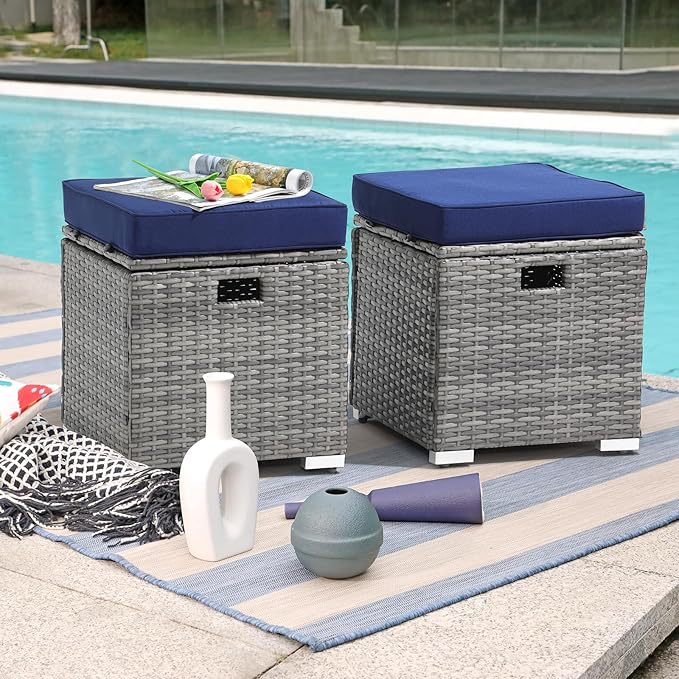 Patiorama 2 Piece Outdoor Patio Ottomans,All-Weather Grey PE Rattan Wicker Ottoman with Storage,Outdoor Footrest Footstool Seat w/Thick Cushion,Built-in Handle for Backyard Poolside Porch (Navy Blue)-Ruum Studio Home