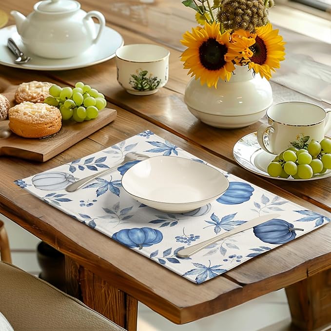 Blue Pumpkin Maple Leaves Fall Placemats Set of 4 Autumn Thanksgiving Harvest Linen Place Mat Non Slip Heat Resistant Washable Table Mats for Party Kitchen Dining Decoration-Ruum Studio Home