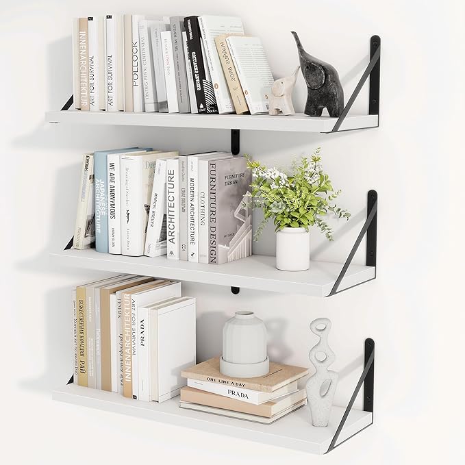 Heimlove 24 Inches White Floating Shelves,8 Inches Deep Wall Bookshelf Mounted Display&Storage Wood Wall Shelves for Kitchen Bathroom Laundry Living Room,Set of 3-Ruum Studio Home