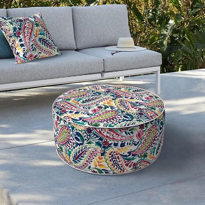 LVTXIII Indoor/Outdoor Inflatable Ottoman, D31 x H14 Inch Large Round Ottoman, All Weather Foot Rest Stool, Portable Footrest for Patio, Garden, Camping and Home - Vigour Paisley-Ruum Studio Home