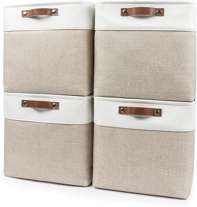 13x13 Cube Storage Bins, Collapsible Fabric Storage Box, 4 Pack Closet Baskets with Handles for Organizing, Shelf, Toys, Clothes, Home, Office, Nursery (Beige&White)-Ruum Studio Home