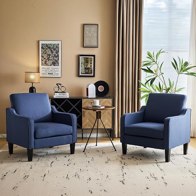 VINGLI Mid Century Modern Accent Chair, Navy Blue Fabric Accent Chairs for Living Room, Upholstered Armchair with Scooped Arms for Bedroom, Apartment, Studio, Office, Waiting Room-Ruum Studio Home