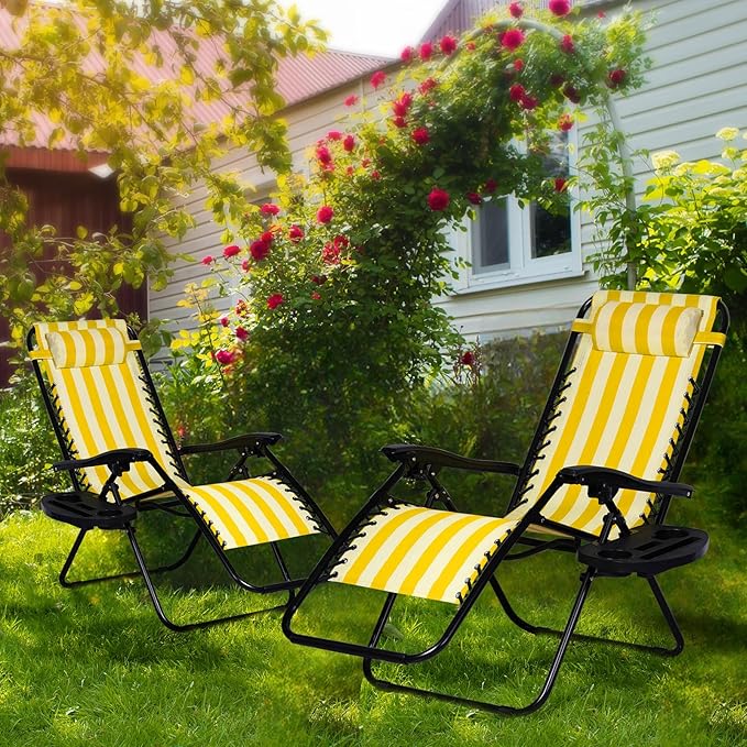 Nazhura Set of 2 Relaxing Recliners Patio Chairs Adjustable Steel Mesh Zero Gravity Lounge Chair Beach Chairs with Pillow and Cup Holder (Yellow Stripe)-Ruum Studio Home