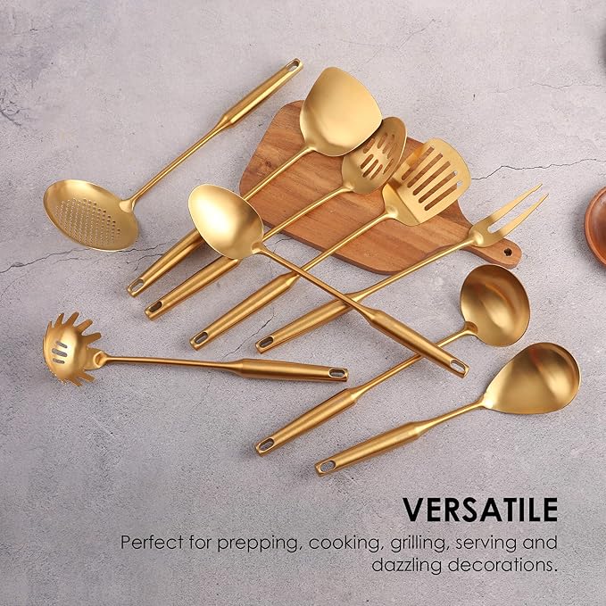 Gold Kitchen Utensils Set - 18/10 Stainless Steel Cooking Tools, 15" All Metal Serving Utensils with Fork, Solid/Slotted Spoon, Spatula, Ladle, Skimmer, Tunner, Pasta Spoon, Large Spoon, Set of 9-Ruum Studio Home