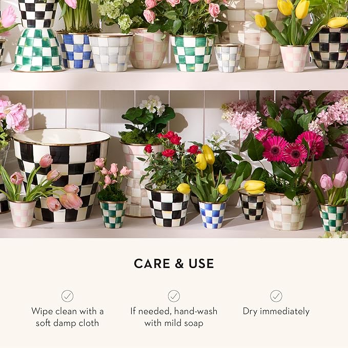MACKENZIE-CHILDS Enamel Herb Pots, Small Plant Pots for Herbs or Flowers, Set of 3, Blue-and-White Royal Check-Ruum Studio Home