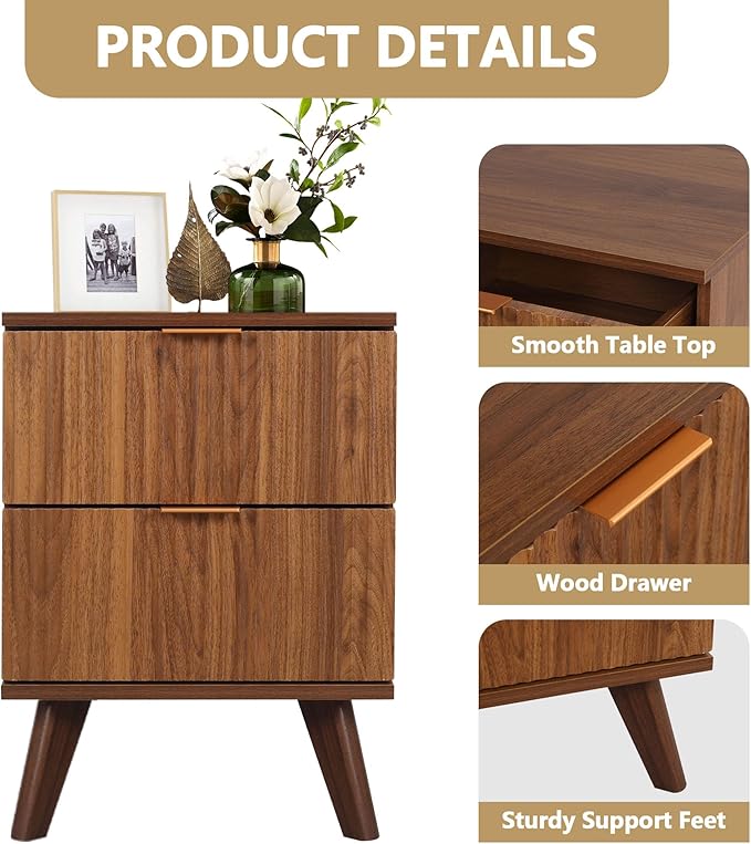 Fluted Nightstand, Mid Century Modern 2 Drawer Bedside Table for Bedroom, Small Dresser Night Stand Side End Table with Wood Fluted Drawer Storage for Bedroom Closet(Walnut)-Ruum Studio Home
