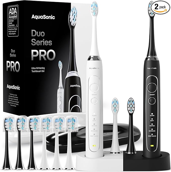 Aquasonic Duo Series PRO – Ultra-Whitening Electric Toothbrush Set – 5 Modes & Smart Timers – Premium Travel Cases & 10 Proflex Brush Heads – ADA Accepted Toothbrushes-Ruum Studio Home