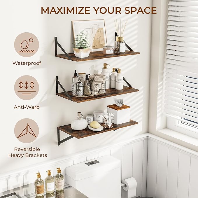 Heimlove 24" W x 12" D Wall Shelves for Books, 12 Inch Deep Floating Shelves Set of 3, Wide Floating Bookshelf with Metal Bracket for Living Room, Kitchen, Office, Bedroom and Decor - Rustic Brown-Ruum Studio Home