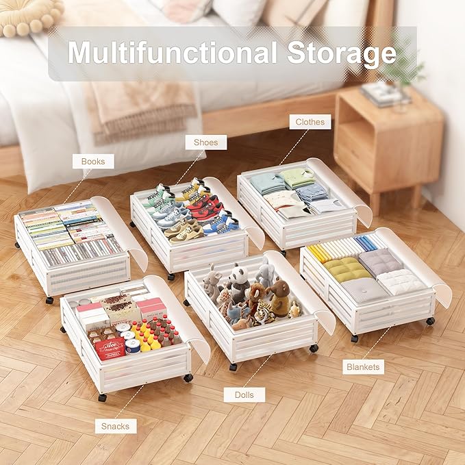 Under Bed Storage Containers With Wheels - 2 Pcs Bamboo Wood Rolling Underbed Shoe Storage Bins With Dust Bags for Clothes Blankets, Duvet Covers Snacks Toys (White)-Ruum Studio Home