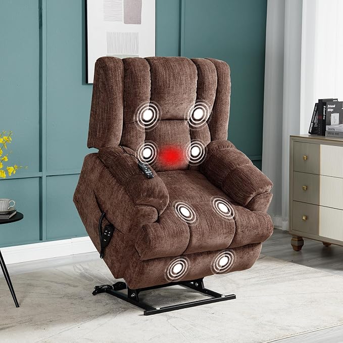 Dual Motor Power Lift Recliner Chair with Massage and Heat for Elderly People, Infinite Position, Brown Recliner Chair, Chenille Fabric Lift Chair-Ruum Studio Home