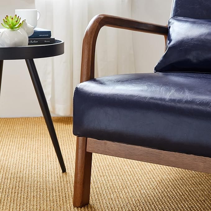 Glitzhome 2 Set Mid Century Navy Blue Accent Armchair, Single Reading Armchair PU Leather Lounge Chair with Walnut Ruberwood Frame-Ruum Studio Home