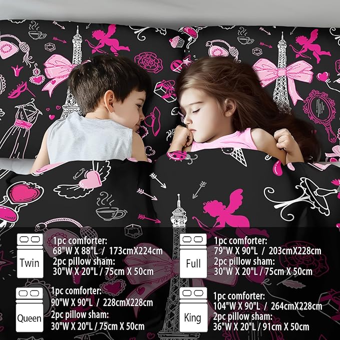 Eiffel Tower Comforter Set Full Size,Eiffel Tower Bedding Set for Girls, Pink and Black Paris Themed Comforter Bedroom Decor,Paris Quilt French Style Romantic Bedding-Ruum Studio Home