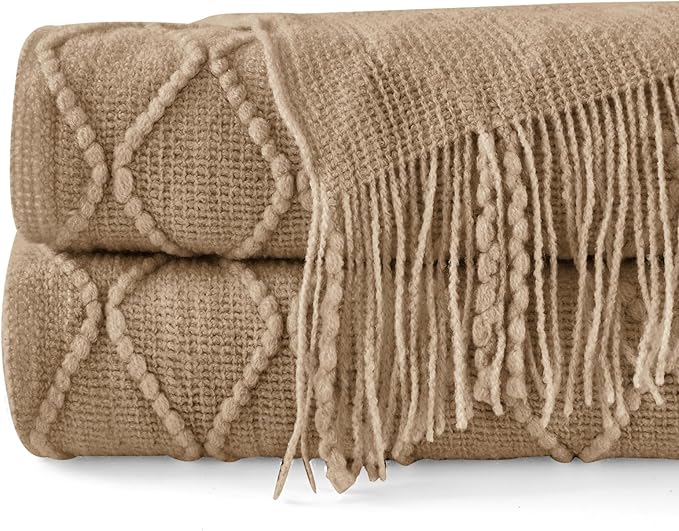 inhand Knitted Throw Blankets for Couch and Bed, Soft Cozy Knit Blanket with Tassel, Khaki Lightweight Decorative Blankets and Throws, Farmhouse Warm Woven Blanket for Men and Women, 60"x80"-Ruum Studio Home