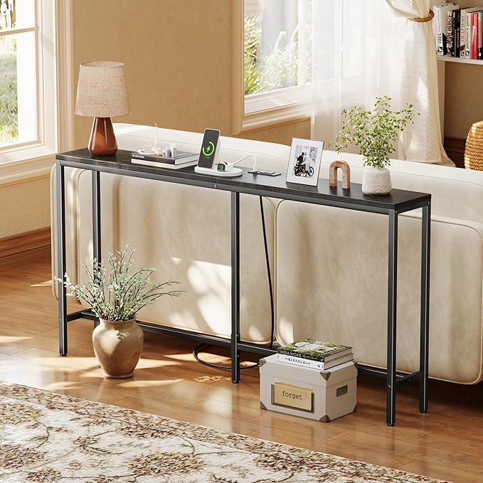 SUPERJARE Console Table with Outlet, 63 Inch Sofa Table with Charging Station, Narrow Entryway Table, Skinny Hallway Table, Behind Couch Table, for Living Room, Plants, Black-Ruum Studio Home