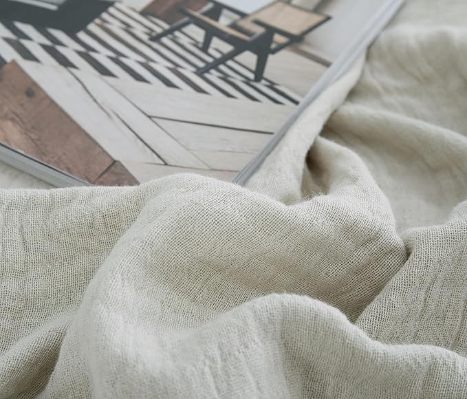 100% Cotton Muslin Throw Blanket for Bed, Couch, Small, Decorative, Soft, Pre-Washed, Breathable and Lightweight Gauze Blanket with Fringes, Suitable for All Seasons, Linen Grey, 50"x60"-Ruum Studio Home
