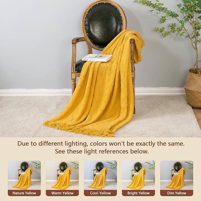 inhand Knitted Fall Throw Blanket for Couch and Bed, Knit Fall Decor Halloween Blanket with Tassel, Mustard Yellow Lightweight Decorative Farmhouse Warm Woven Blankets and Throws for Women, 60"x80"-Ruum Studio Home