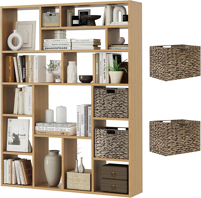 71" Tall 6-Tier Heavy Duty Bookcase with 2 Foldable Storage Baskets, 55" Wide Open Bookshelf with 16 Irregular Cubes for Living Room, Office （Yellow）-Ruum Studio Home