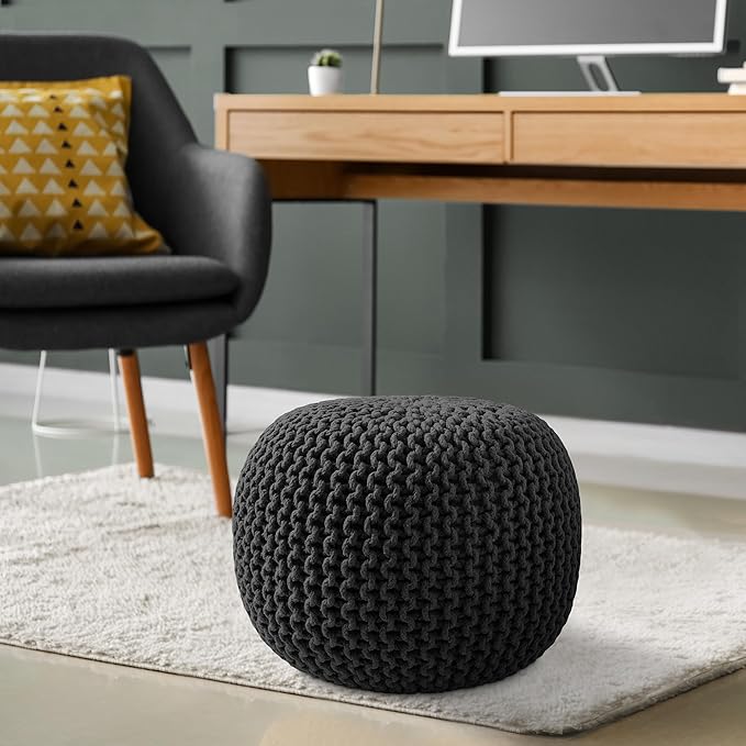 Casafield Round Pouf Ottoman, Black - 20" Diameter x 14.5" High Cotton Knit Foot Stool - Boho Floor Pouffe for Living Room, Bedroom, Home Office-Ruum Studio Home