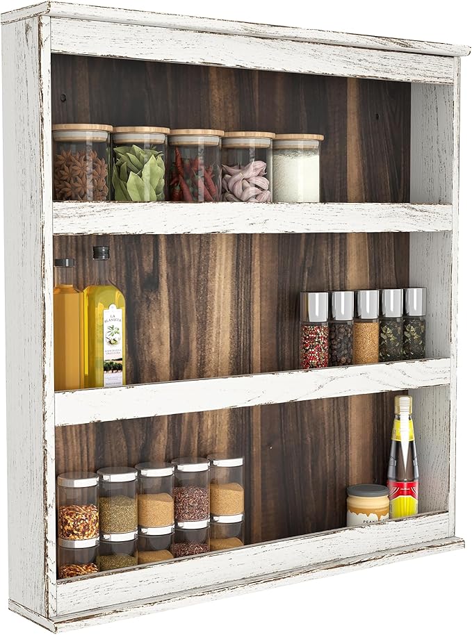 Nisorpa 3 Tier Spice Rack Wall Mount, Rustic Burnt Wood Wall Hanging Spice Rack Kitchen Spice Shelf Organizer for Seasoning Jars or Condiment Bottles, 19.68 x 3.35 x 21.25 Inches-Ruum Studio Home
