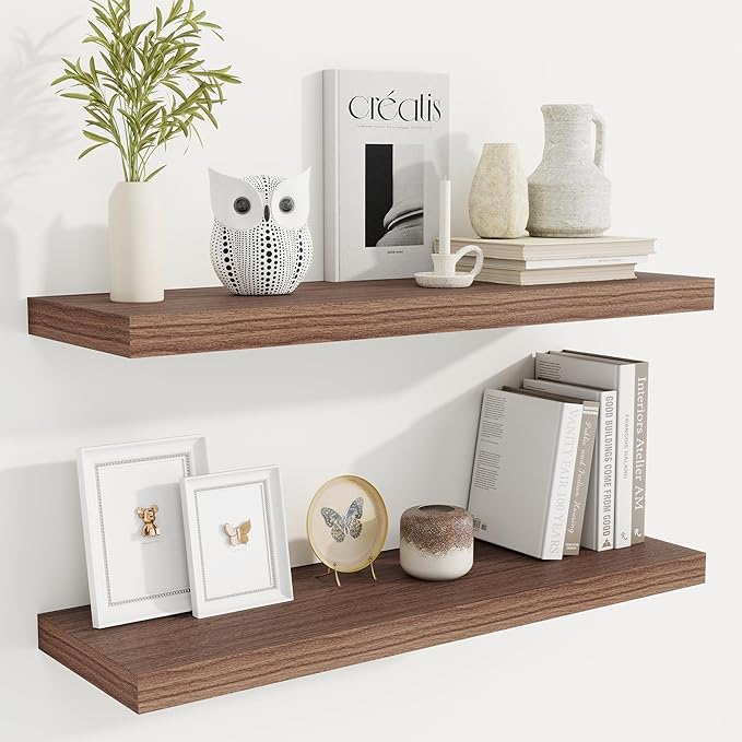 Fun Memories Floating Shelves for Wall, 32 Inch Rustic Wood Wall Mounted Shelves for Bathroom, Bedroom, Kitchen, Living Room, Deep Floating Shelves for Storage & Home Decor (Walnut, Set of 2)-Ruum Studio Home
