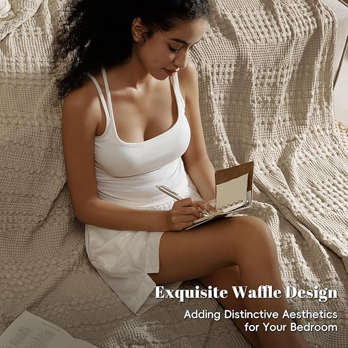 PHF 100% Cotton Waffle Weave Blanket Queen Size, Soft Lightweight Breathable Cozy Summer Blankets for Bed, Luxury Aesthetic Woven Bedding for Home Decor, 90"x90", Simply Taupe-Ruum Studio Home