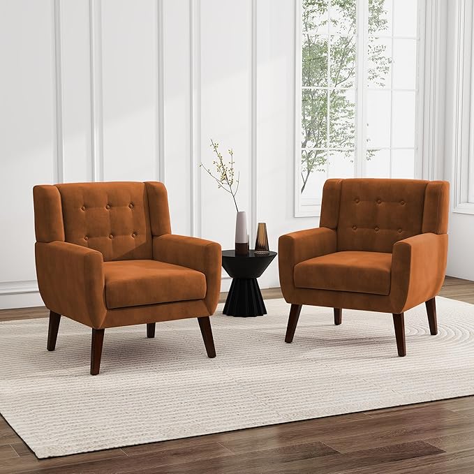 UIXE Accent Chairs Set of 2, Velvet Upholstered Armchair for Living Room, Modern Club Arm Chairs Comfy Single Sofa Button Tufted Bedroom Reading Seat - Orange-Ruum Studio Home