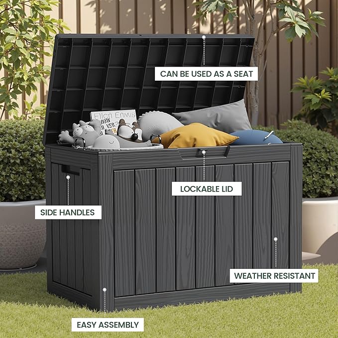 45 Outdoor Storage Box, Waterproof Resin Deck Box with Side Handles, Lockable Outdoor Bench for Indoor & Outdoor Use, Storage Bin for Patio Cushions, Garden Tools, Package Delivery, Black-Ruum Studio Home