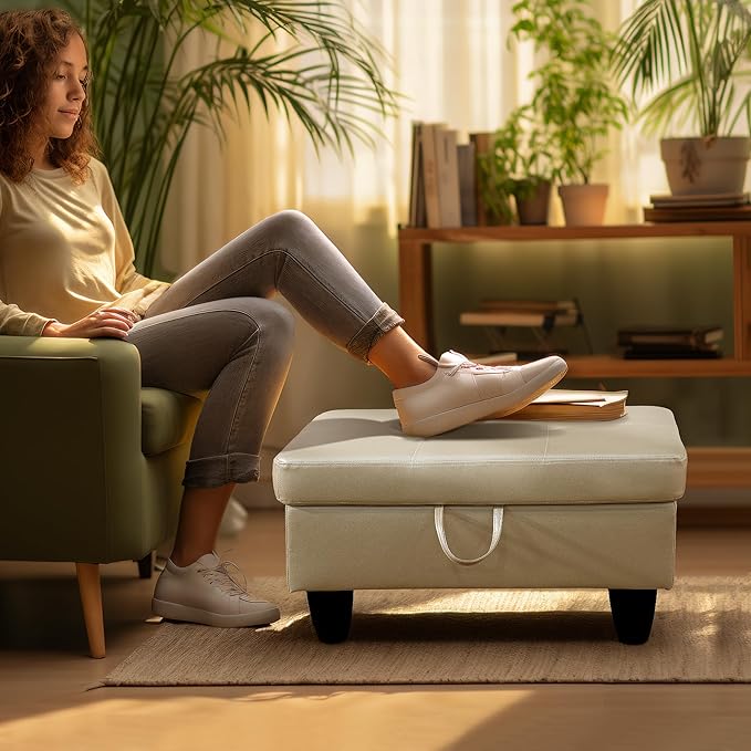 Ottoman Rectangular Storage Ottoman Bench, Faux Leather Footrest, Coffee Table, Stool Footstool with Hinged Lid for Living Room, Bedroom, Entryway, White, 28.5"x19"x17.5"-Ruum Studio Home