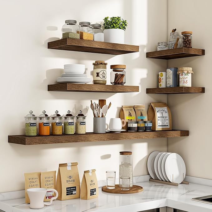 16 Inch Floating Shelves, 16"x9.25"x1.5" Inch Deep Floating Shelves for Wall, Wooden Shelves for Bathroom, Bedroom, Living Room, Brown-Ruum Studio Home
