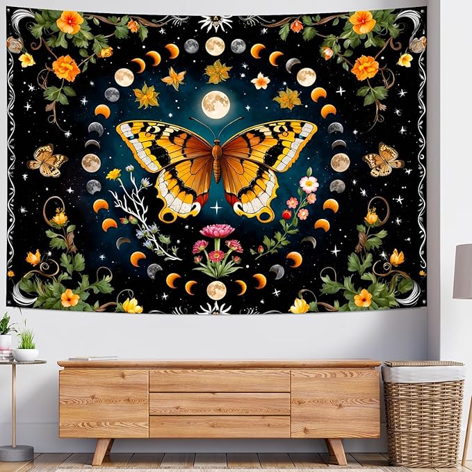 Delur Butterfly Moon Flower Tapestry Botanical Floral Plant Boho Tapestry Wall Hanging Mandala Aesthetic Mushroom Retro Vintage Headboard for Bedroom Living Room Home Decor (51.2" x 59.1")-Ruum Studio Home