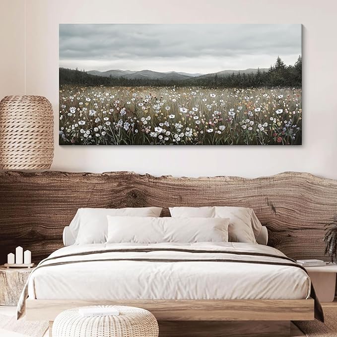 HGUAOA Vintage Landscape Wall Art for Bedroom and Living Room - Large Floral Artworks Farmhouse Wall Decor - Framed Neutral Nature Pictures - Above Bed Decor with Mountain Scenery 24×48IN-Ruum Studio Home