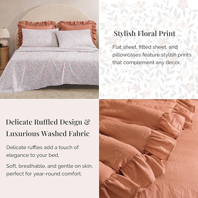 King Comforter Set - 7 Pieces Ruffle Autumn Leaf Bedding Sets, Shabby Chic Farmhouse Bed in a Bag King with Ruffle Comforter, Floral Sheets, Pillowcases & Shams-Ruum Studio Home