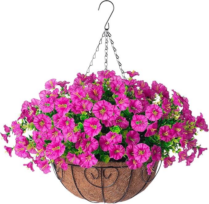 Ivydale Artificial Silk Hanging Plants Flowers Basket for Outdoor Outside Summer Decoration, Fake Faux UV Sun Resistant Look Real Morning Glory Fuchsia for Porch Patio Balcony Home-Ruum Studio Home