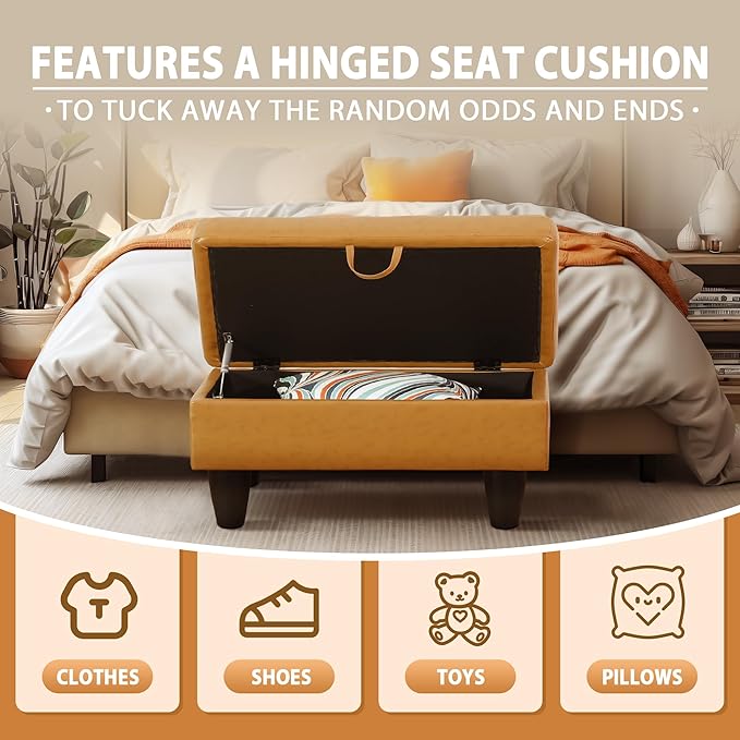 Ottoman Rectangular Storage Ottoman Bench, Faux Leather Footrest, Coffee Table, Stool Footstool with Hinged Lid for Living Room, Bedroom, Entryway, Orange, 28.5"x19"x17.5"-Ruum Studio Home