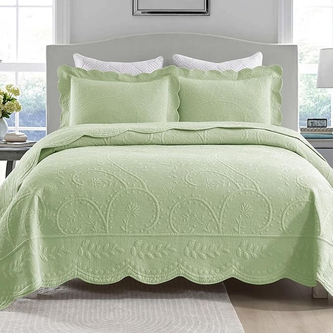 MarCielo 3-Piece 100% Cotton Oversized Bedspread Lightweight Quilt Coverlet Embroidery Farmhouse Bedding Set (TX Pale Green, Oversized Queen (100"x106"))-Ruum Studio Home