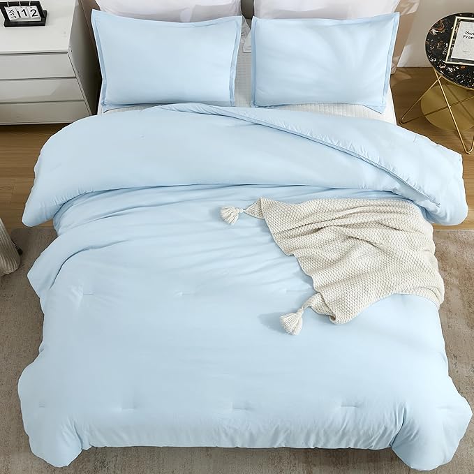 Litanika Comforters Light Blue Queen Size, 3 Pieces Lightweight Solid Bedding Comforter Set, All Season Fluffy Bed Set (90x90In Comforter & 2 Pillowcases)-Ruum Studio Home