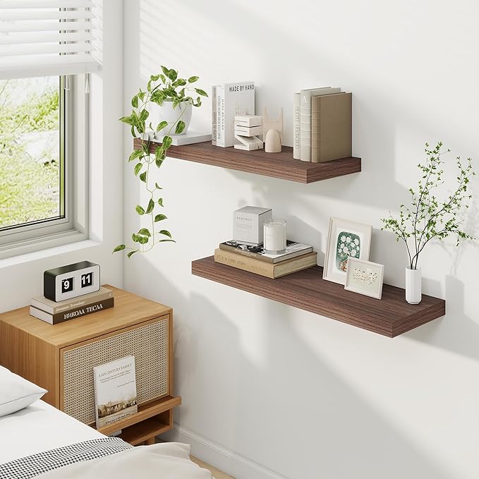 Fun Memories Floating Shelves for Wall, 30 Inch Rustic Wood Wall Mounted Shelves for Bathroom, Bedroom, Kitchen, Living Room, Deep Floating Shelves for Storage & Home Decor (Walnut, Set of 2)-Ruum Studio Home