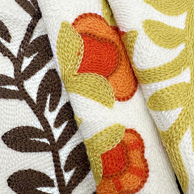 Alysheer Floral Embroidered Fall Decorative Throw Pillow Cover 18"x 18", Farmhouse Cottage Orange Flowers Brown Leaves Knit Pattern Cotton Canvas Cushion Case for Sofa Couch Bed Living Room Decor-Ruum Studio Home
