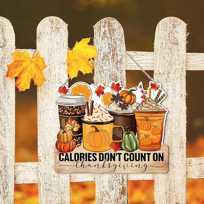 Thanksgiving Door Sign Decor, Calories don't Count on Thanksgiving, Fall Autumn Seasonal Wall Art Hanging Wooden Sign Halloween Decorations for Home Party Outside Indoor, Housewarming Gift-Ruum Studio Home