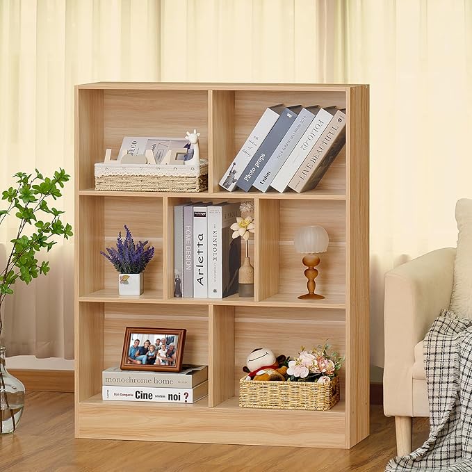 LEYAOYAO 7 Cube Bookshelf with Wood Base,Natural 3 Tier Mid-Century Modern Bookcase,Standing Wide Bookshelves Storage Organizer Shelf,Rustic Display Cabinet Book Shelves for Bedroom,Living Room-Ruum Studio Home