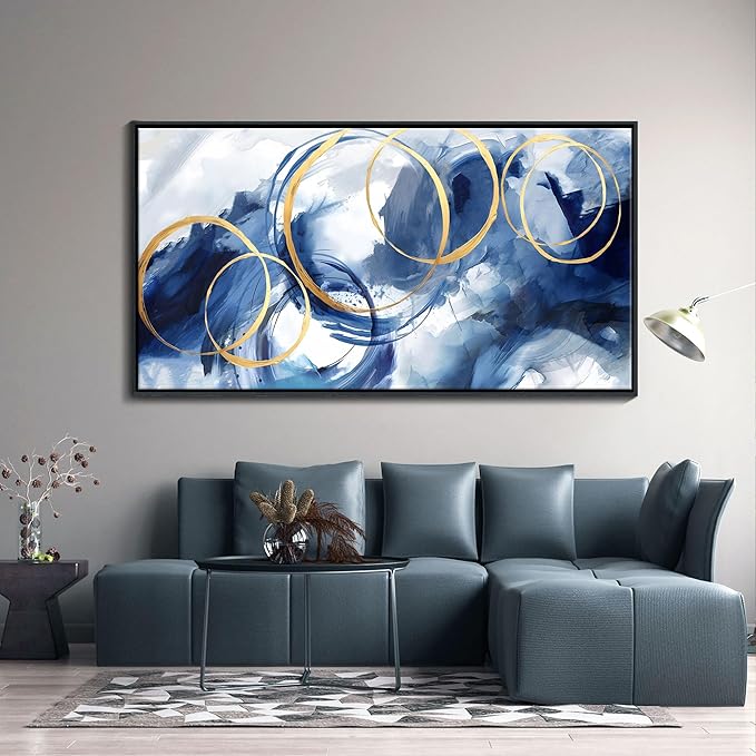 Framed Abstract Wall Art Blue Modern Art Wall Decor Artwork For Living Room Huge Wall Canvas Office Pictures For Navy Gold Modern Decorations For Bedroom Size 24x48in-Ruum Studio Home