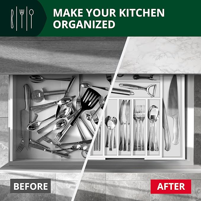 ROYAL CRAFT WOOD Luxury Bamboo Kitchen Drawer Organizer - Silverware Organizer - Utensil Holder and Cutlery Tray with Grooved Drawer Dividers for Flatware and Kitchen Utensils (9 Slot, White)-Ruum Studio Home