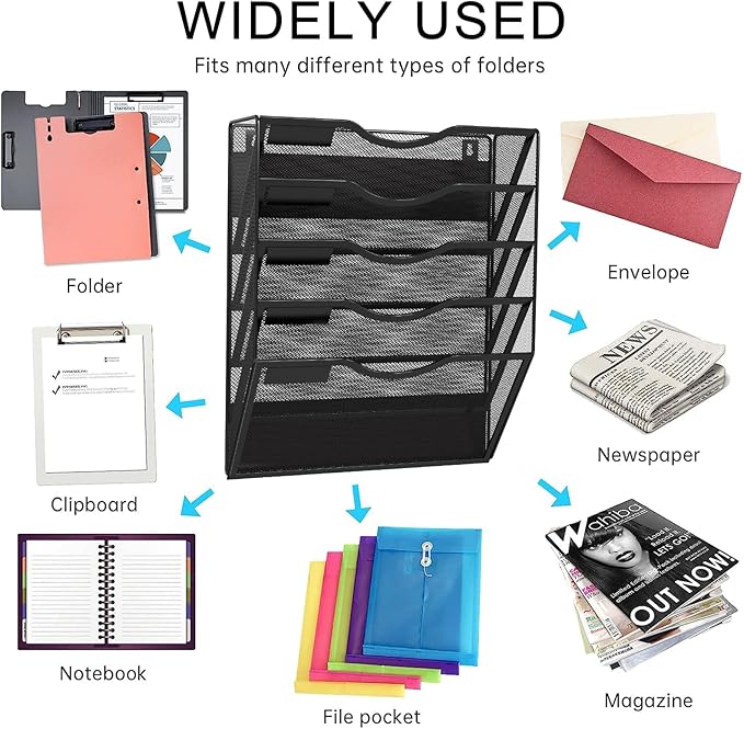 5-Tier Magnetic File Holder, No Drilling Installation File Cabinet Organizer, Black Magnetic File Organizer, Magazine Rack, Magnetic Paper Holder for Refrigerator, File Cabinets, Whiteboard-Ruum Studio Home