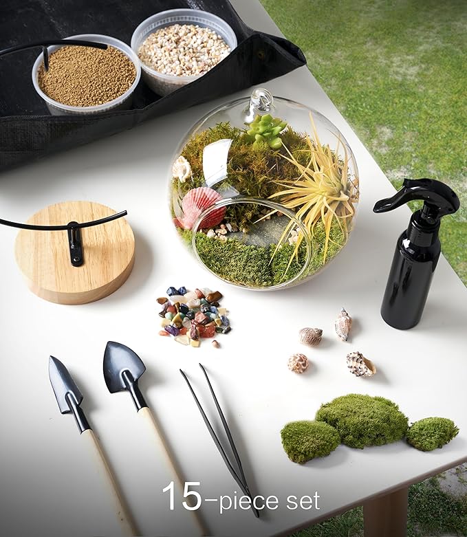 15-Piece Terrarium Kit with Live Moss – DIY Glass Globe Set with Tools, Soil, Stones & Spray Bottle – Indoor Mini Garden Gift for Plant Lovers, Home Decor & Zen Craft-Ruum Studio Home