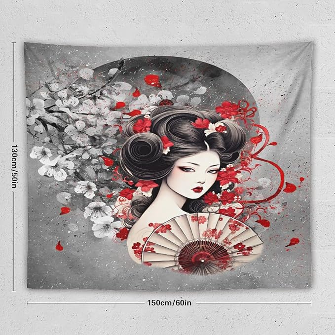 Japanese Geisha Tapestry Asian Red Cherry Blossom Red Sun Traditional Kimono Folk Tapestries Home Decor for Living Room Bedroom Apartment Farmhouse Dorm 60"x50"-Ruum Studio Home